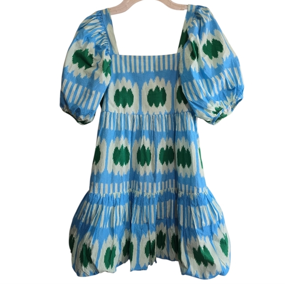 Oliphant Blue Ikat Square Neck Bubble Dress Small Puff Sleeves Resort Wear Vaca - Picture 8 of 9